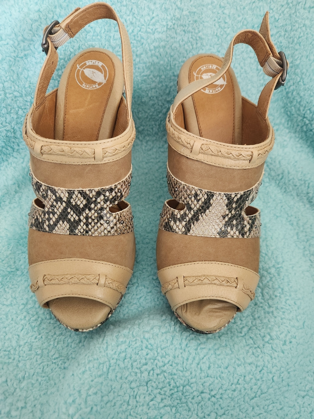 Women's Tan Snake-Print Peep Toe Wedge Sandals